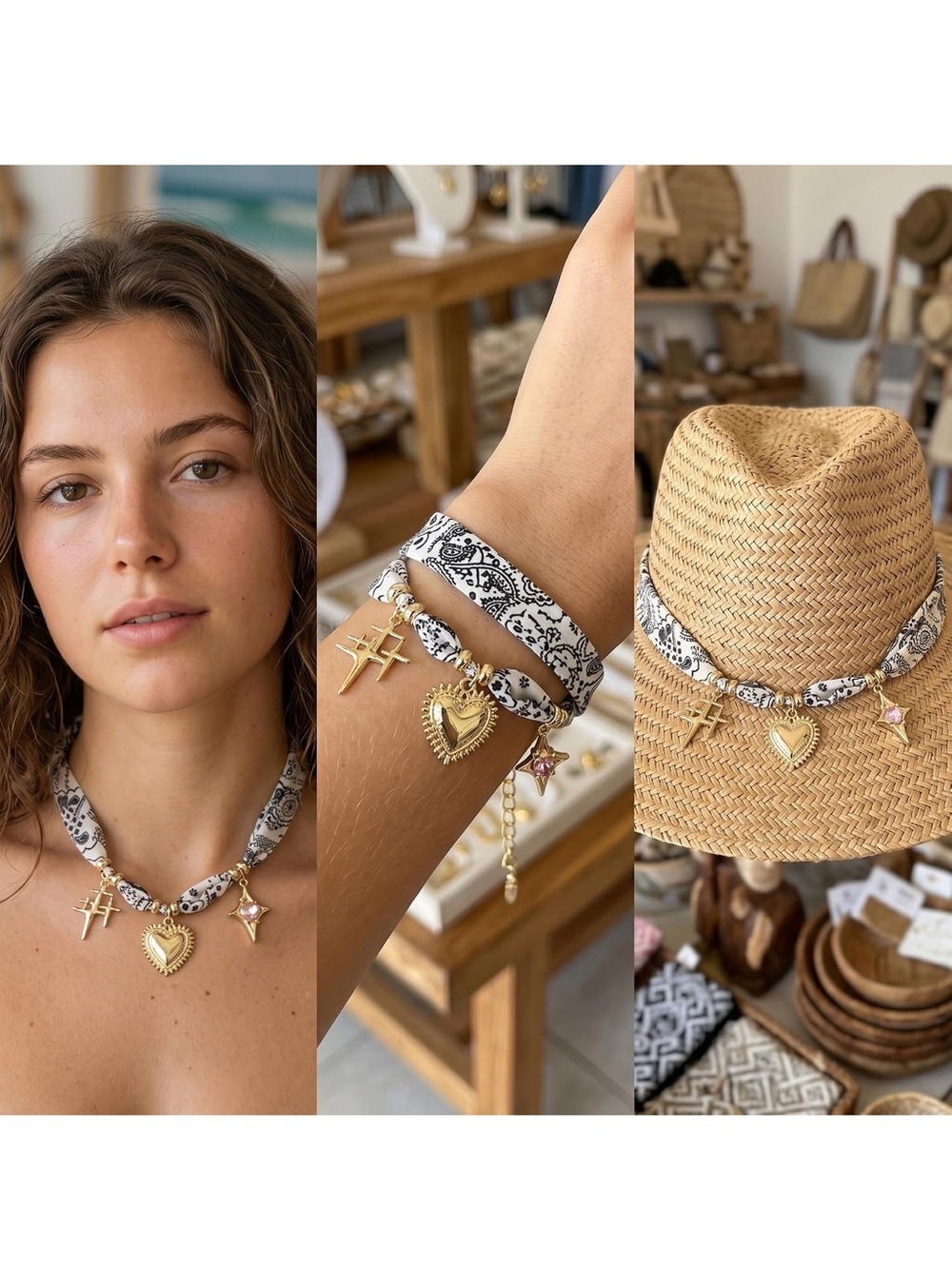 Anthropologie Cream & Black Bandana Choker with Gold Heart and Star Charms - Picture 3 of 3